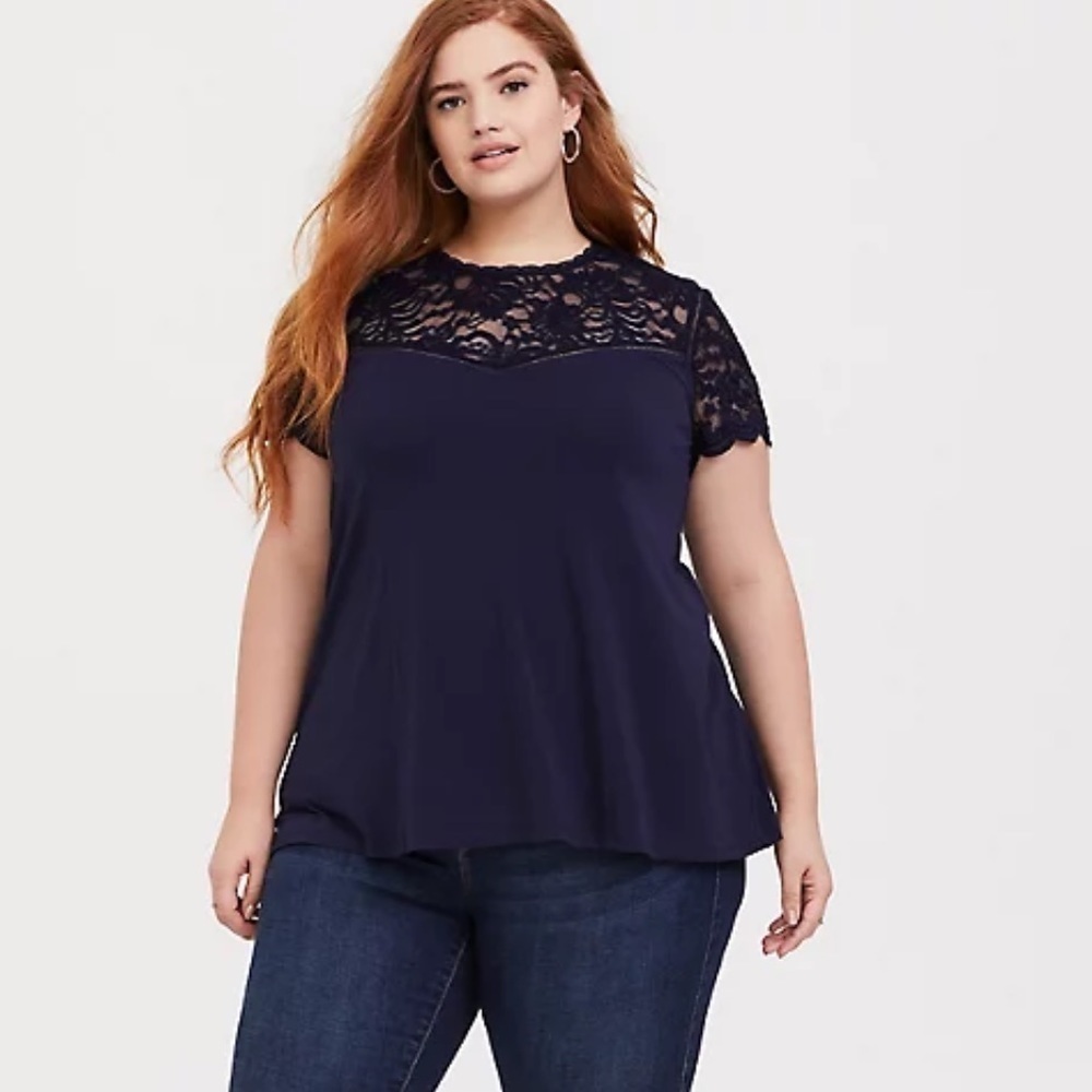 TORRID Studio Knit Lace Yoke Crew Neck Top
